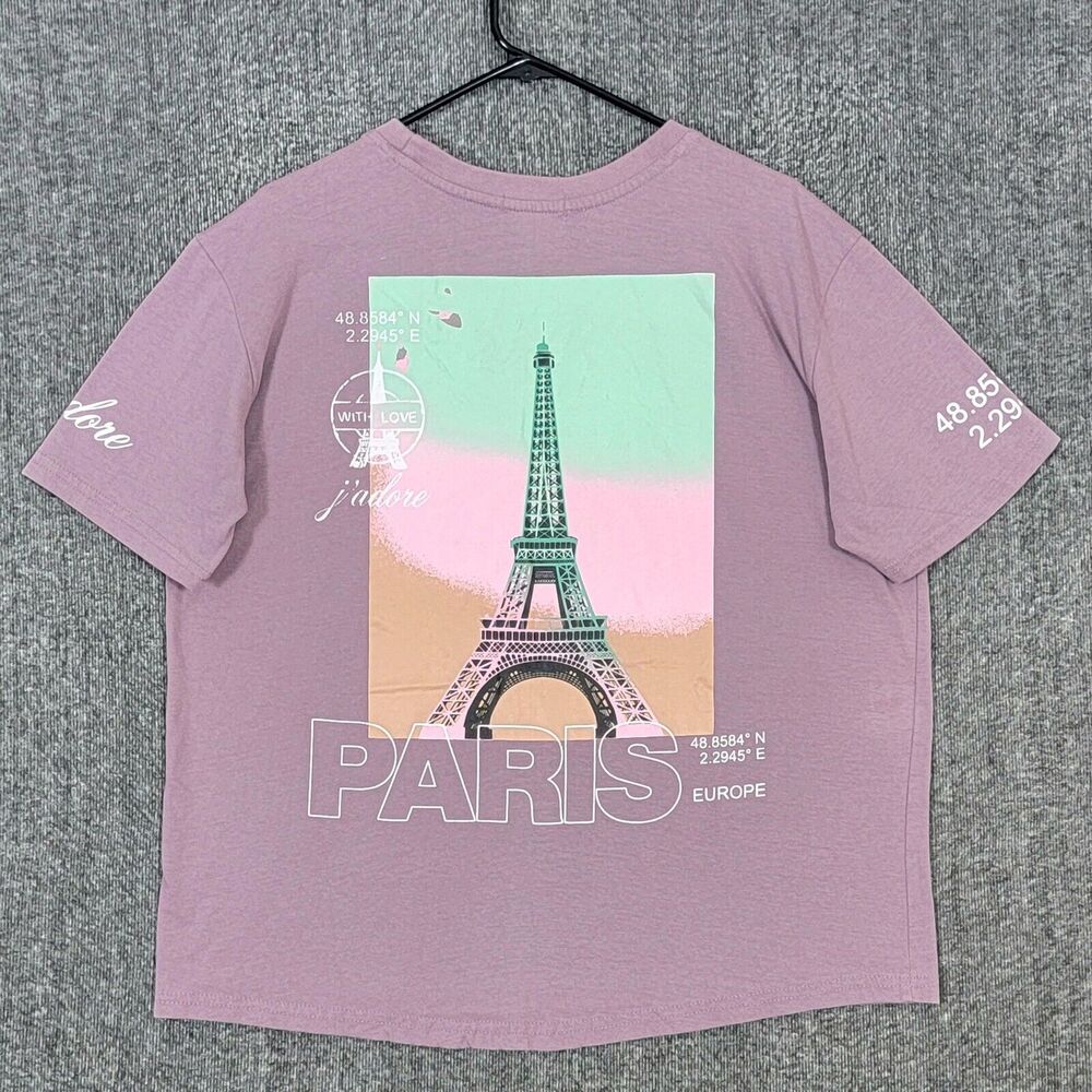 Paris France Eiffel Tower T-Shirt Womens L Lavender Short Sleeve Europe J'adore